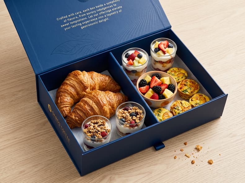 Qargo double-deck box open on a table, pastries above and hot items in the drawer